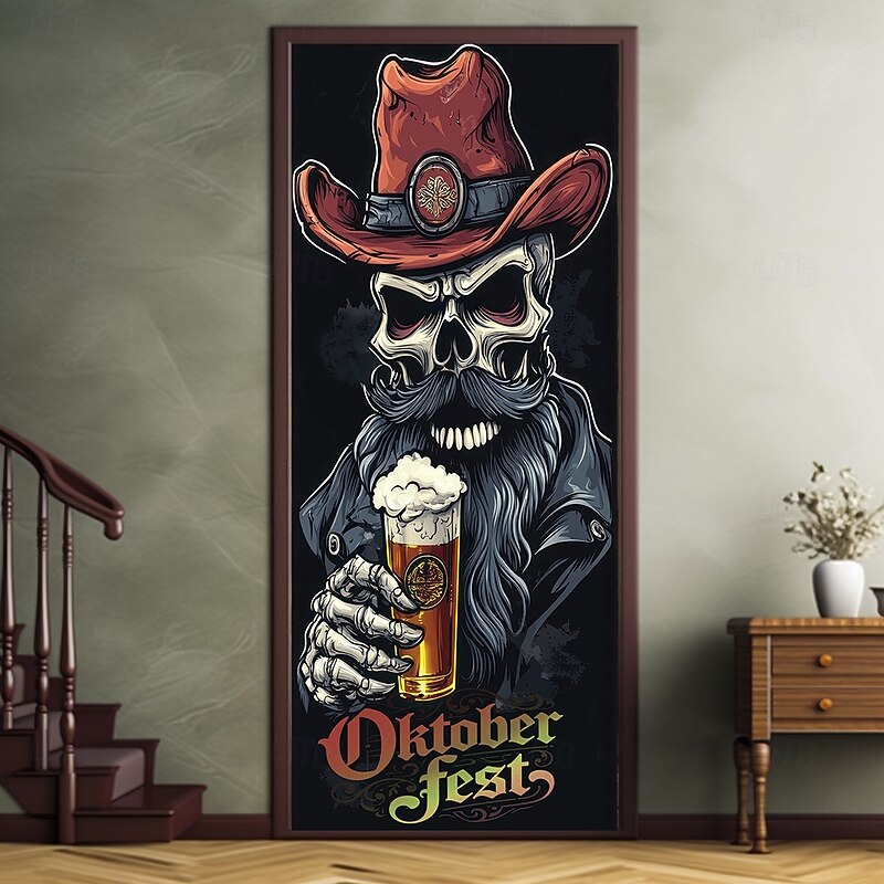 Oktoberfest Door Decorations German Bavarian Beer Skull Door Covers Door Tapestry Decoration Backdrop Indoor/Outdoor Door Banner for Front Door Office Door2