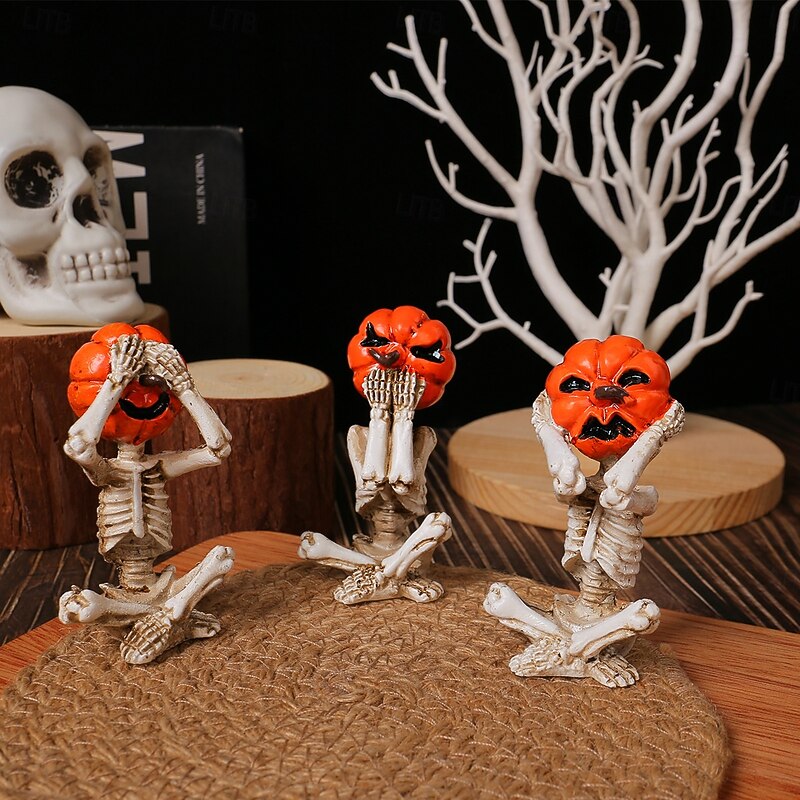 3pcs/set Halloween Pumpkin Head Skull Resin Figurine, Spooky Home Decor, Horror Doll Scene Prop4