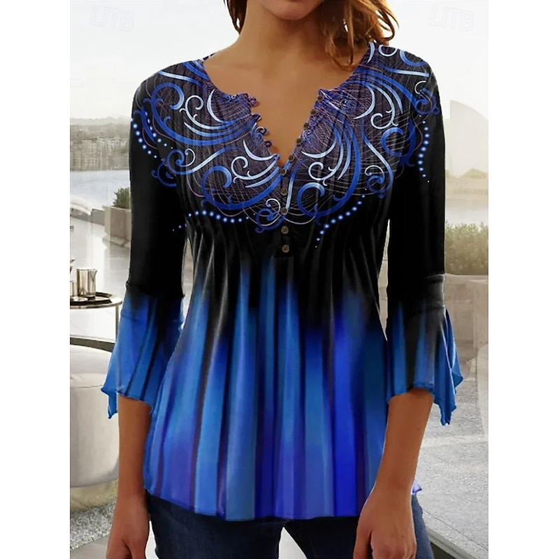 Women's Blouse V Neck Ombre Floral Graphic Elegant 3/4 Length Sleeve Regular Tops Daily Going out Buttons Grass Green Black and gray Blue Purple Green Summer Spring Fall3