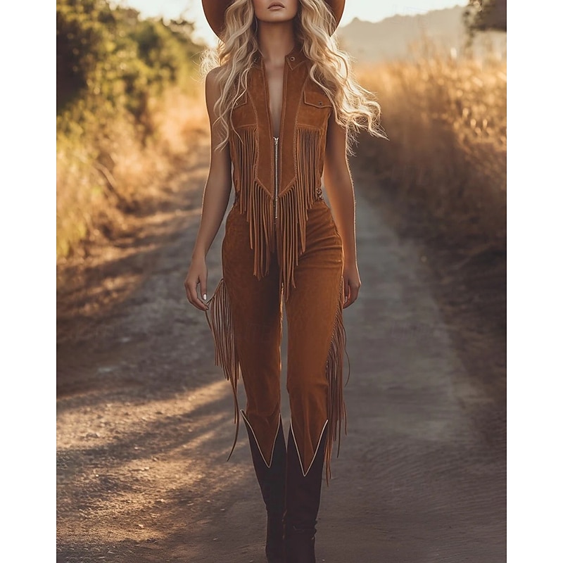 Women's Normal Jumpsuit Streetwear Solid Color Sleeveless V Neck Tassel Street Daily Regular Fit Light Brown Summer