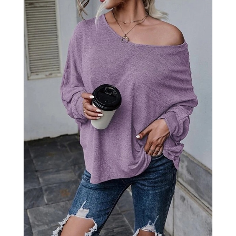 Women's Blouse Plain Casual Long Sleeve V Neck Regular Tops Daily Holiday Going out Asymmetric Hem Dusty Blue Purple Light Blue Summer4