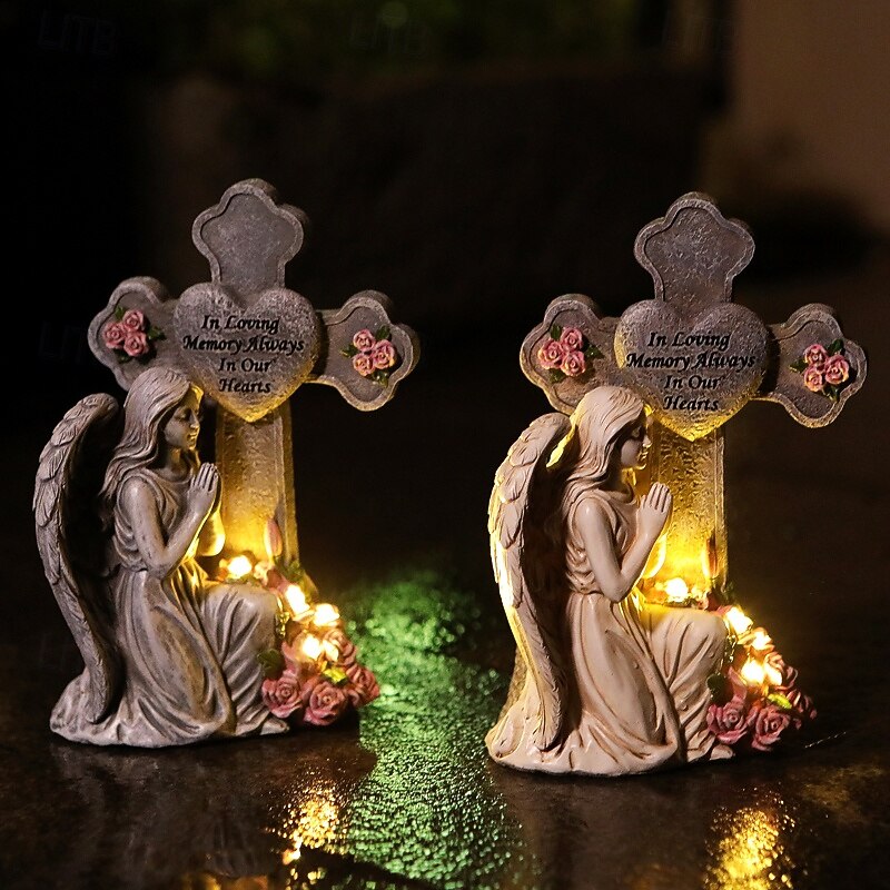 1 Pc Outdoor Solar Waterproof Retro Prayer Angel Statue Light Cross Commemorative Cemetery Garden Ornament Resin Decorative Light Landscape Light