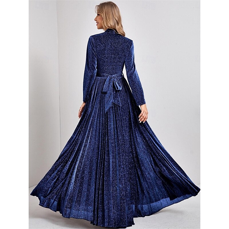 Glitter A-Line Party Dresses Elegant Dress Formal Wedding Floor Length Long Sleeve V Neck Velvet with Pleats4