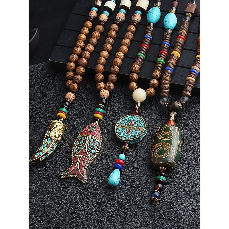 Men's Tribal Beaded Pendant Necklace – Handmade Ethnic Wooden Beads with Turquoise Accents, Bohemian Style for Casual Wear, Yoga, Meditation or Festival Outfits3