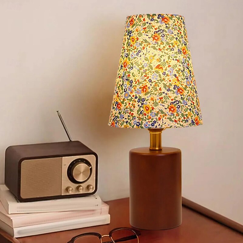 Traditional French Pastoral Floral Print Fabric Round Shade Solid Wood Base 1-Light Table Lamp For Bedroom