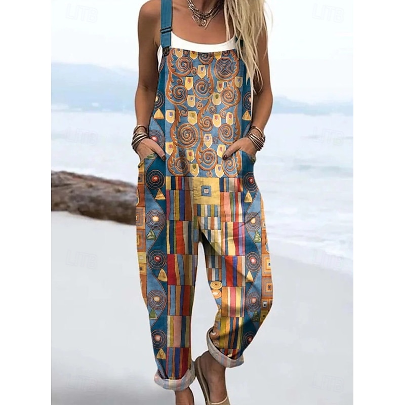 Women's Overall Active Graphic Sleeveless Drawstring Patchwork Vacation Street Loose Fit Light Brown Blue Orange Summer