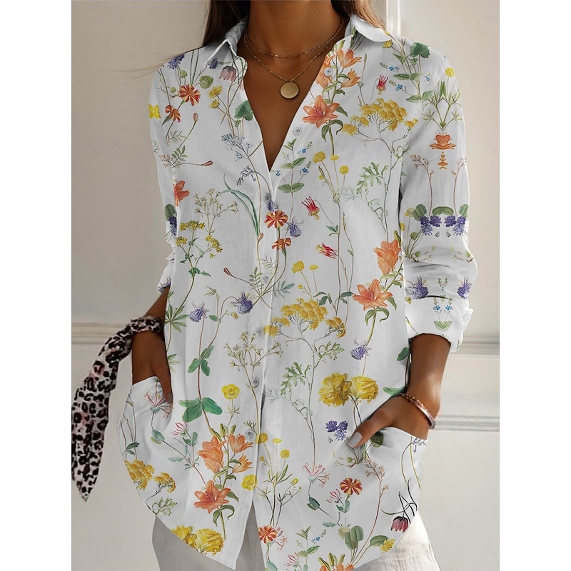 Women's Shirt Floral Active Daily Stylish Long Sleeve Shirt Collar Regular Tops Daily Holiday Buttons Print White Pink Navy Blue Blue Green Spring Fall