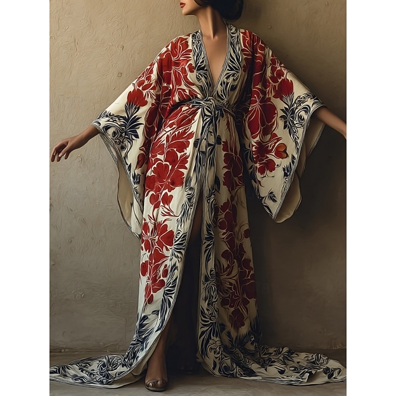 Women's Long Dress Maxi Dress Boho Dress Casual Dress Swing Dress Vacation Dress Fashion Modern Daily Holiday Beach Regular Fit Floral Long Sleeve V Neck Wine Navy Blue Blue Purple Summer Spring2