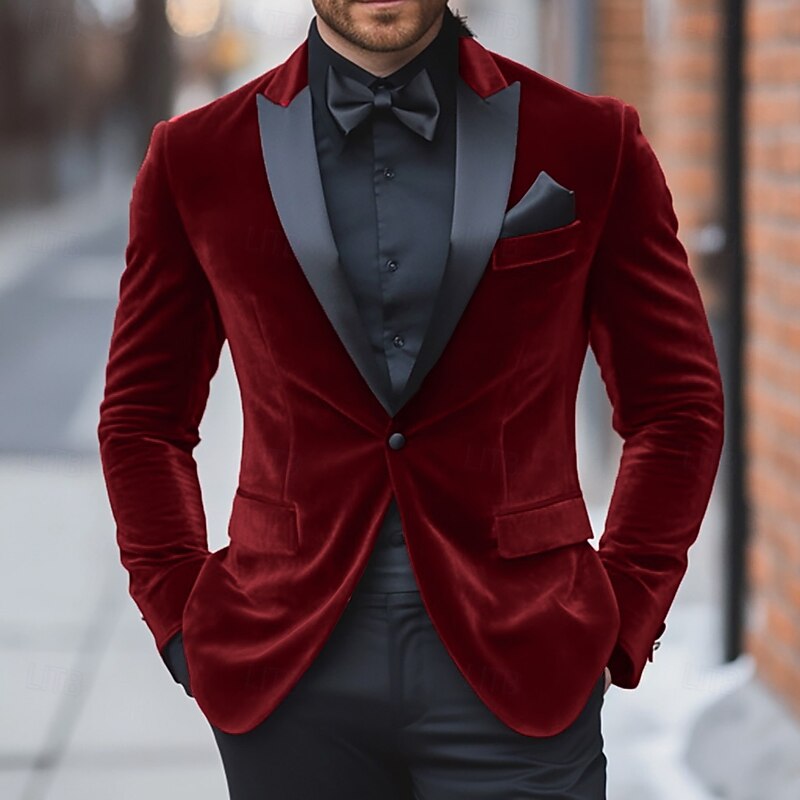 Men's Blazer Jacket Tuxedo Closure collar Christmas Vintage Solid Colored Blazer Red Green Standard Fit2