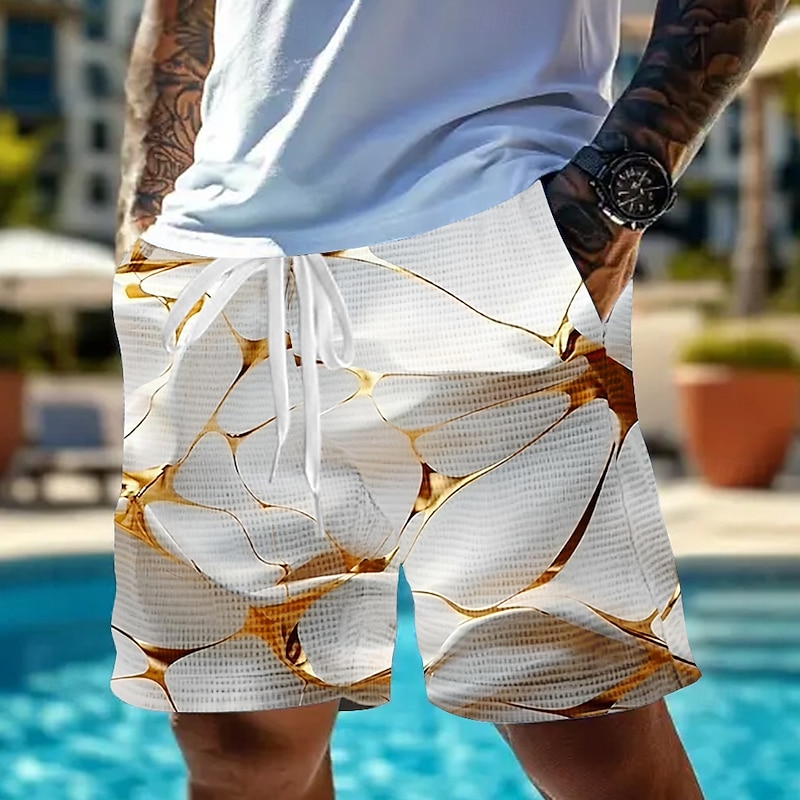 Men's Geometric Abstract Art Waffle Shorts Sweat Shorts Casual Shorts Mid Waist Fashion Casual Vacation Jogging Workout Elastic Drawstring Waist Shorts with Pockets Designer Clothing Apparel