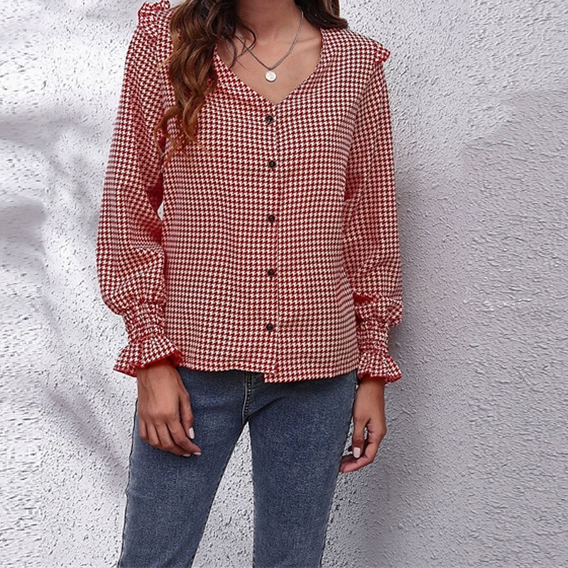 Women's Summer Tops Chiffon Tops Plaid Daily Stylish Basic Long Sleeve V Neck Regular Tops Work Daily Holiday Print Black And White Black Red Spring Fall3