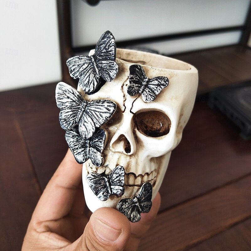 Halloween Skull Head Decoration with Butterfly, Resin Skull Pen Holder for Horror Party, Gothic Desk Ornament, Spooky Decor for Home or Office4