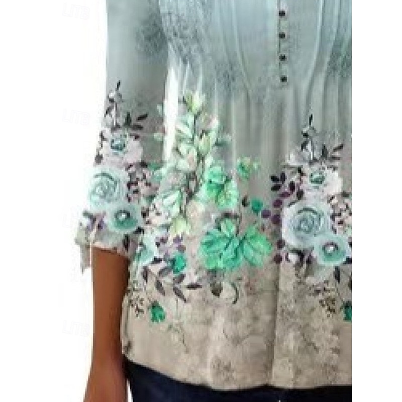 Women's Texture Blouse Blouse Floral Daily Stylish 3/4 Length Sleeve Crew Neck Regular Tops Daily Holiday Buttons Print Green Summer Spring3