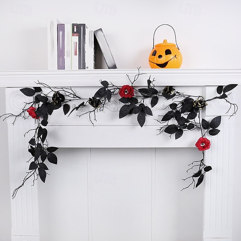 Halloween Black Vine Garland Decoration with Faux Leaves, Spooky Haunted House Scene Prop, Ghost Festival Party Decor