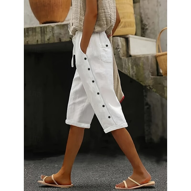 Women's Chinos Crop Ethnic Style Basic Casual Knee Length High Waist Plain Pocket Comfy Soft Comfortable Micro-elastic Outdoor Street Black White Summer Regular Fit2