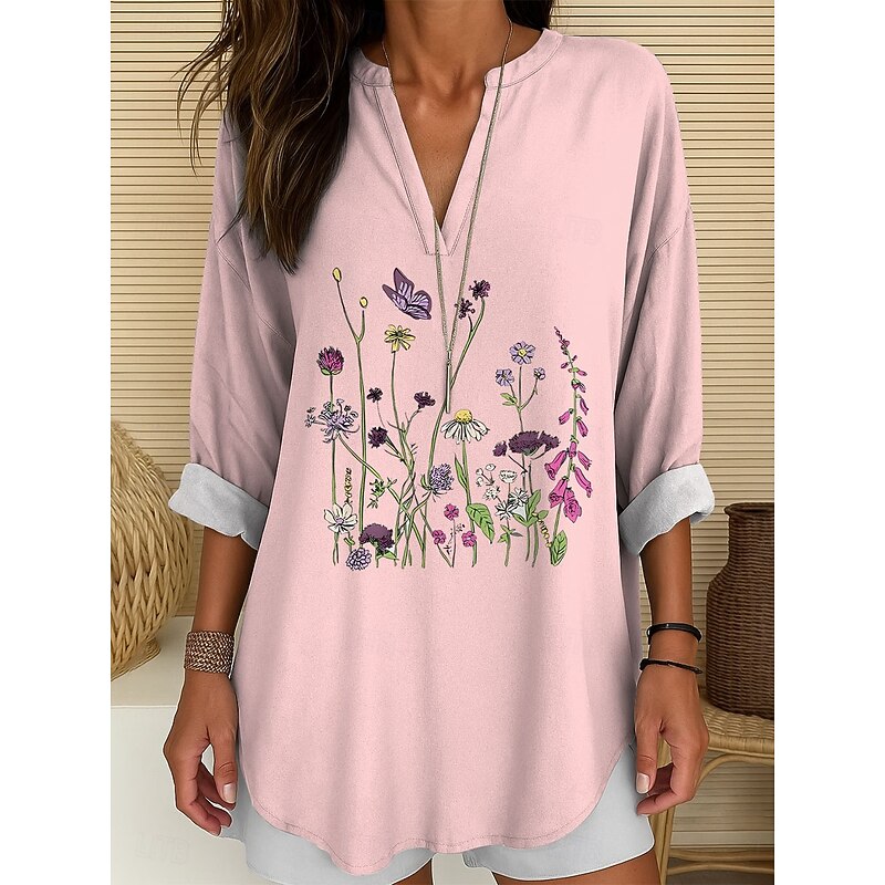 Women's Blouse Tunic V Neck Long Sleeve Boho Casual Tops Floral Graphic Vintage Tropical Regular Tops Daily Wear Print White Pink Blue Purple2