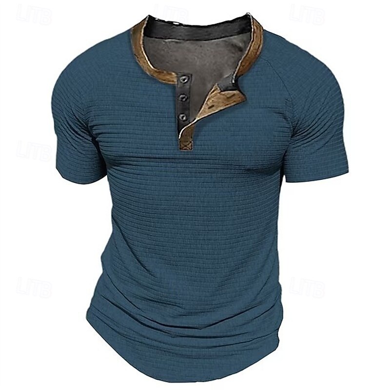 Men's T Shirt Waffle Henley Shirt Henley Shirt Tee Short Sleeve Henley Summer Solid Color Fashion Designer Basic Buttons Vacation Street Going out Black Navy Blue Beige Top Tee for Men3