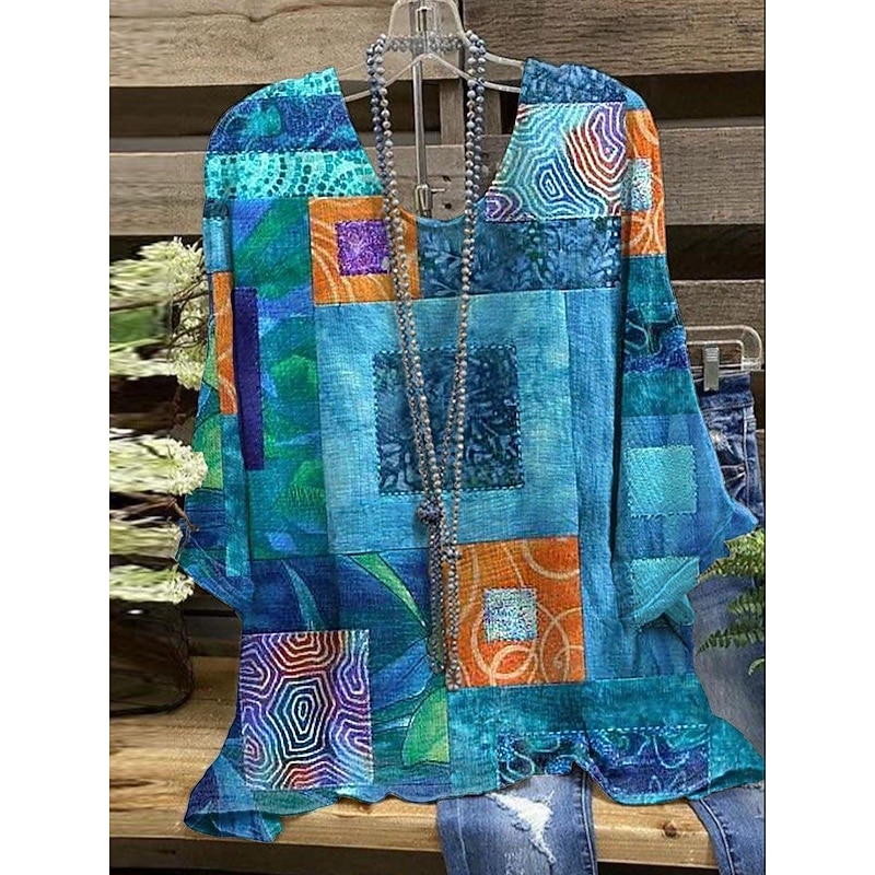 Women's Shirt Plaid Stylish 3/4 Length Sleeve Crew Neck Regular Tops Daily Holiday Print Blue Purple Green Summer2