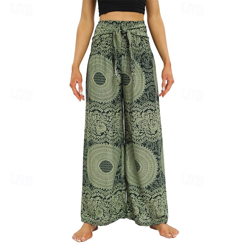 Women's Wide Leg Pants Trousers Casual Boho Full Length High Waist Print Pocket Elastic Drawstring Design Breathability Soft Micro-elastic Vacation Street Daily Wear Red Green Summer Spring Regular4