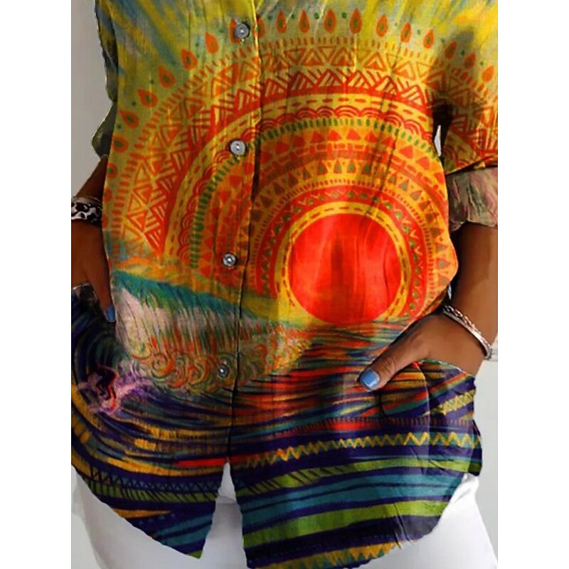 Women's Shirt Graphic Sun Retro Vintage Ethnic Long Sleeve Shirt Collar Regular Tops Daily Holiday Buttons Print Yellow Summer3