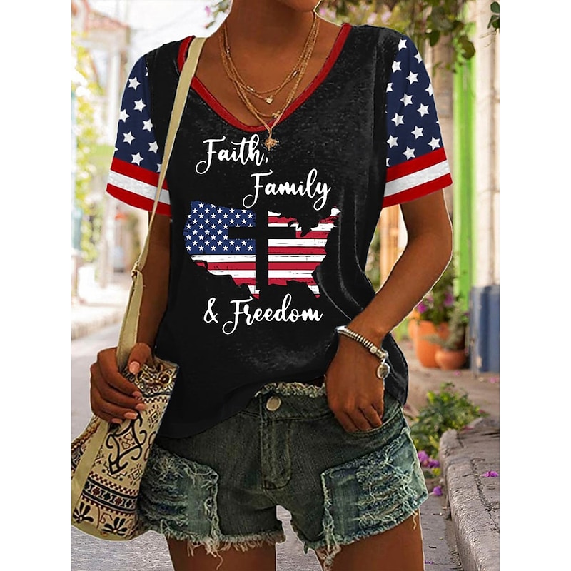 Women's Patriotic  T Shirt Graphic Flag Vintage Stylish Classic Short Sleeve V Neck Regular Tops Daily Print Black White Red Navy Blue Summer Spring