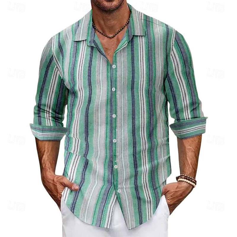 Men's Stripes Color-blocking Shirt Button Up Shirt Casual Dress Shirt Long Sleeve Fashion Casual Vacation Daily Streetwear Summer Spring Turndown 3D Print Collared Shirts Blue Green Khaki Dark Blue3