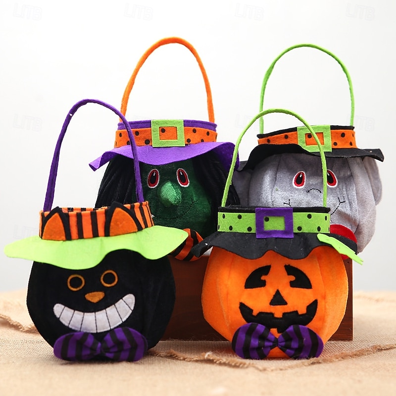 4pcs Halloween Pumpkin Candy Bag for Kids, Round Trick or Treat Tote with Hat, Reusable Gift Bag for Halloween Party Supplies and Decorations
