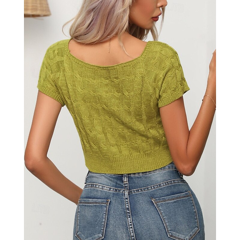 Women's Pullover Casual Solid Color Chunky U Neck Knitted Short Sleeves Regular Tops Knit Daily Holiday Going out White Pink Summer4