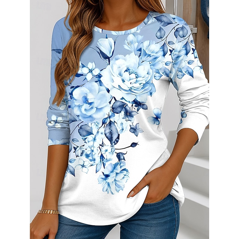 Women's T shirt Crew Neck Long Sleeve Tunic Floral Graphic Vintage Stylish Casual  Regular Tops Daily Weekend Print Yellow Blue Purple Green