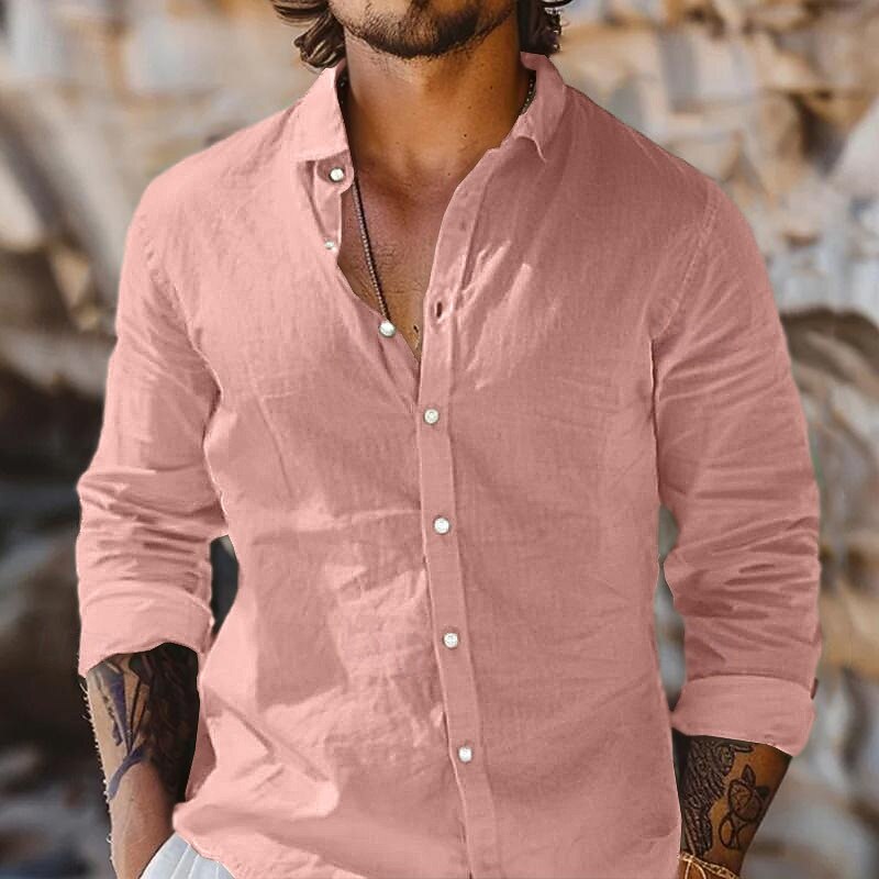 Men's Shirt Linen Shirt Summer Shirt Beach Wear Button Up Shirt Plain Vacation Daily White Pink Navy Blue Blue Long Sleeve Turndown Summer Spring & Summer Clothing Apparel