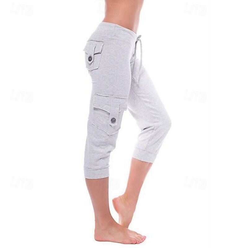 Women's Cargo Pants Capri Pants Slacks Streetwear Casual Calf-Length Natural Plain Pocket Elastic Drawstring Design Comfy Outdoor Comfortable Vacation Streetwear Wine Navy Grey Black Summer Regular3
