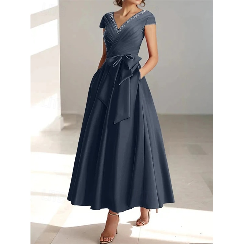 A-Line Cocktail Dresses Elegant Formal Wedding Guest Ankle Length Short Sleeve V NeckDress Satin with Bow(s)
