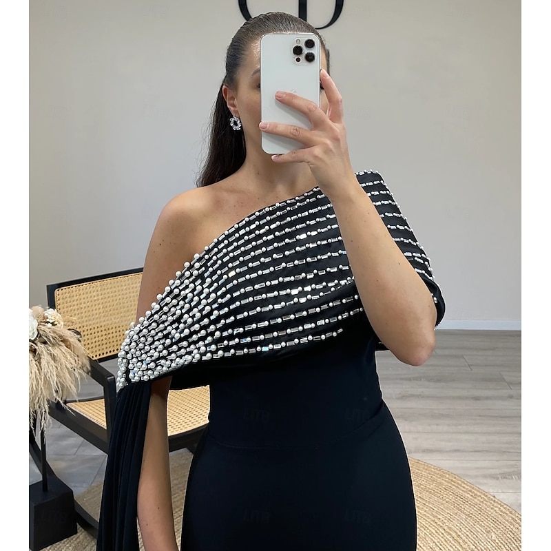 Black Tie Column Evening Gown Elegant Dress Formal Wedding Guest Floor Length Short Sleeve One Shoulder Stretch Crepe with Glitter Crystals