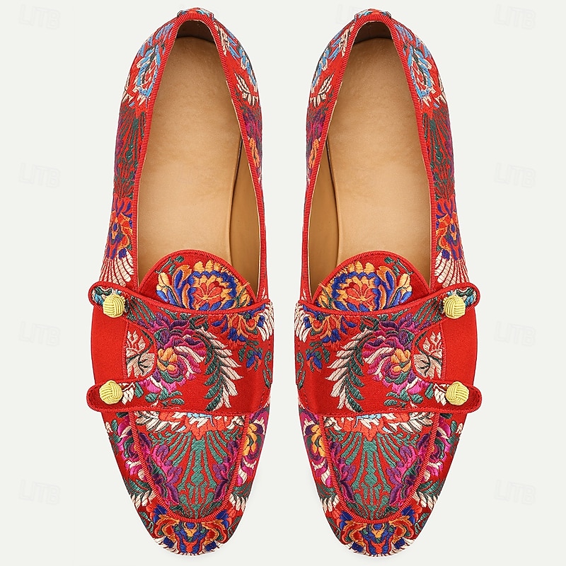 Men's Red Premium Cowhide Mules with Floral Embroidery and Buckle Detail – Fashionable Slip-Ons for Evening Parties, Weddings and Formal Gatherings4