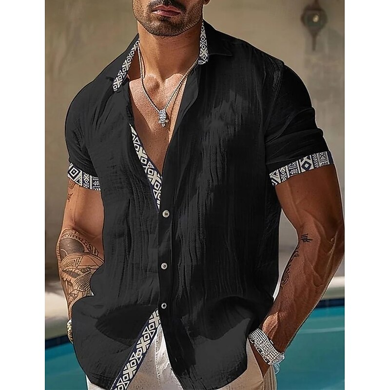 Men's Linen Shirt Summer Shirt Beach Wear Button Up Shirt Geometric Vacation Casual Black White Blue Short Sleeve Turndown Summer Spring Clothing Apparel Patchwork