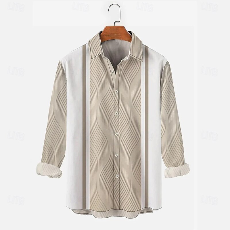 Men's Geometric Stripes Waves Shirt Button Up Shirt Casual Dress Shirt Long Sleeve Fashion Casual Vacation Daily Streetwear Summer Spring Turndown 3D Print Collared Shirts Khaki2