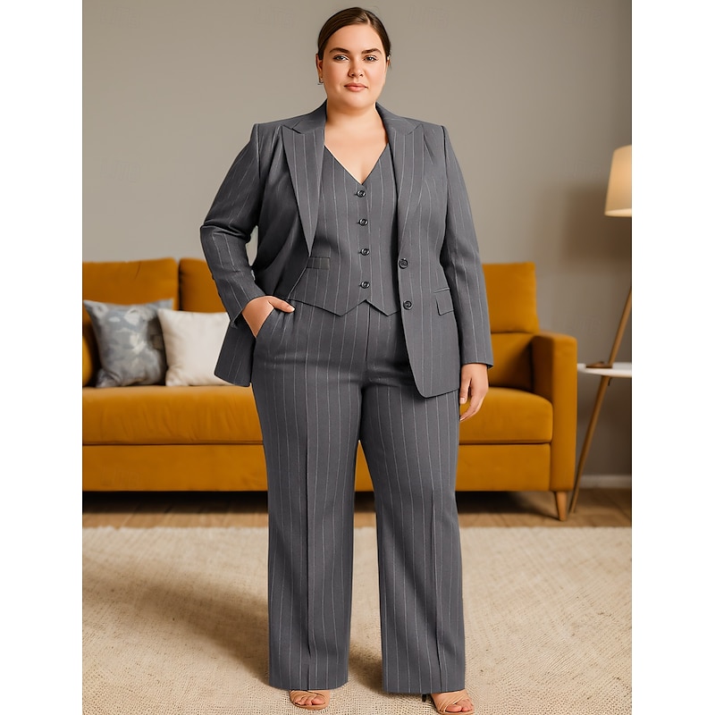 Women's 3 Pieces Pinstriped Suits Formal Wedding Guest Formal Evening Elegant Simple Long Sleeve Ankle Length Peak Lapel Single Breasted4