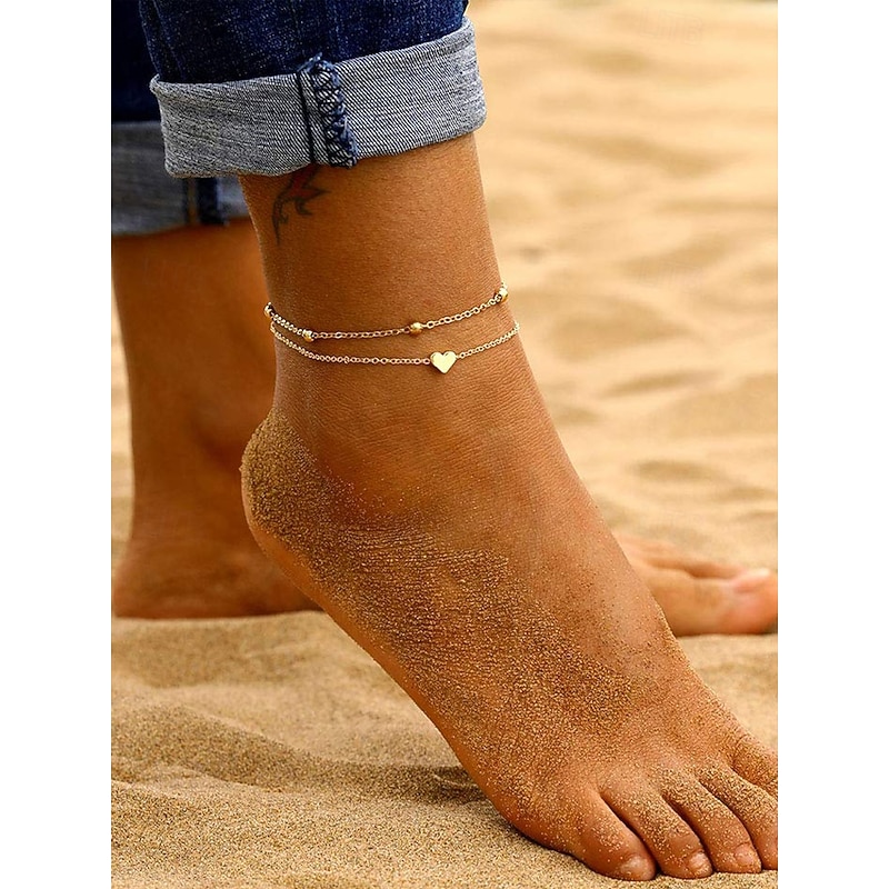 Women's Gold Heart Pendant Double Layer Anklet – Dainty Beach Foot Jewelry with Beaded Chain Design for Summer Outings and Vacation Wear2