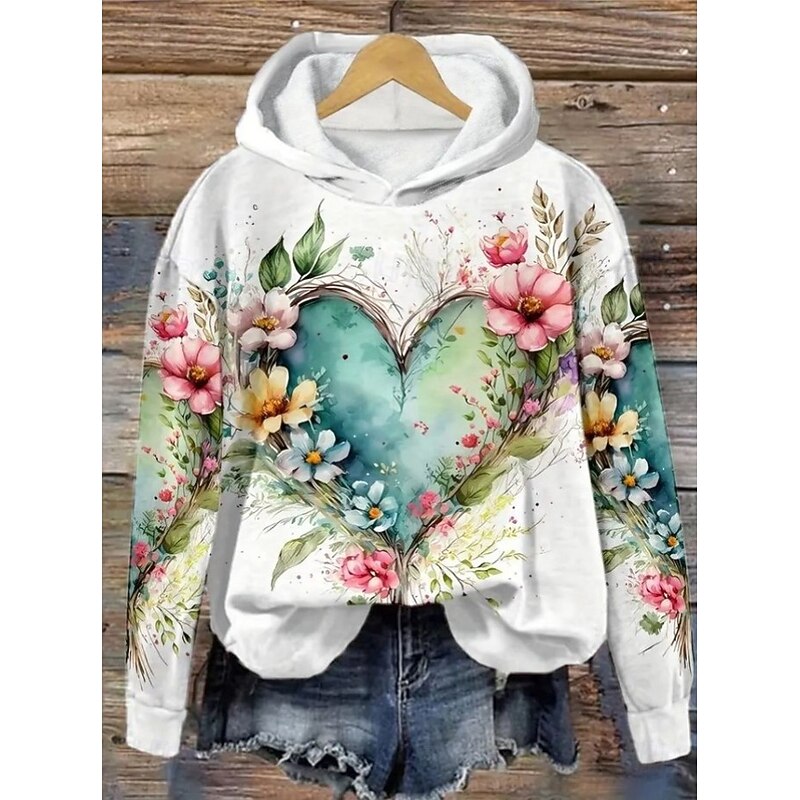 Women's Hoodie Pullover Sweatshirt Oversized Long Sleeve Casual Graphic Floral Warm Active Hooded Regular Tops Street Dailywear Print White Pink Purple Green Khaki Spring Fall Winter