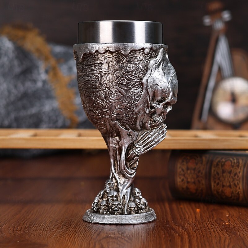 Halloween Skull Wine Goblet Resin & Stainless Steel Skull Stemmed Glass Unique 3D Skull Design for Bar, Party, and Decorative Drinking Cup4