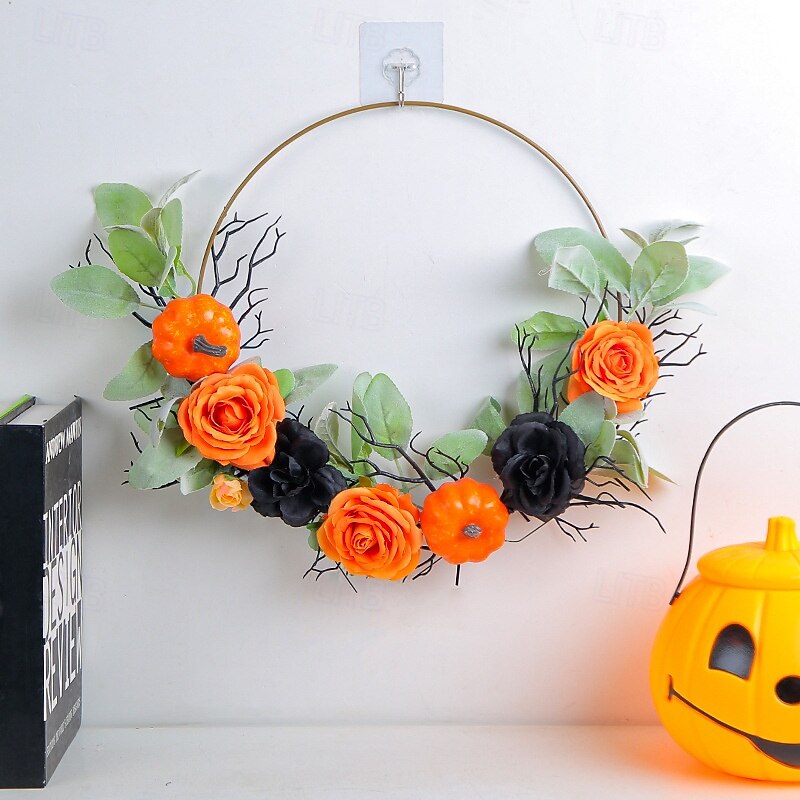 Halloween Wreath for Front Door Indoor Outdoor Decoration, Metal Hoop Pumpkin Rose Floral Wreath, Artificial Halloween Wall Hanging for Home Window Display2