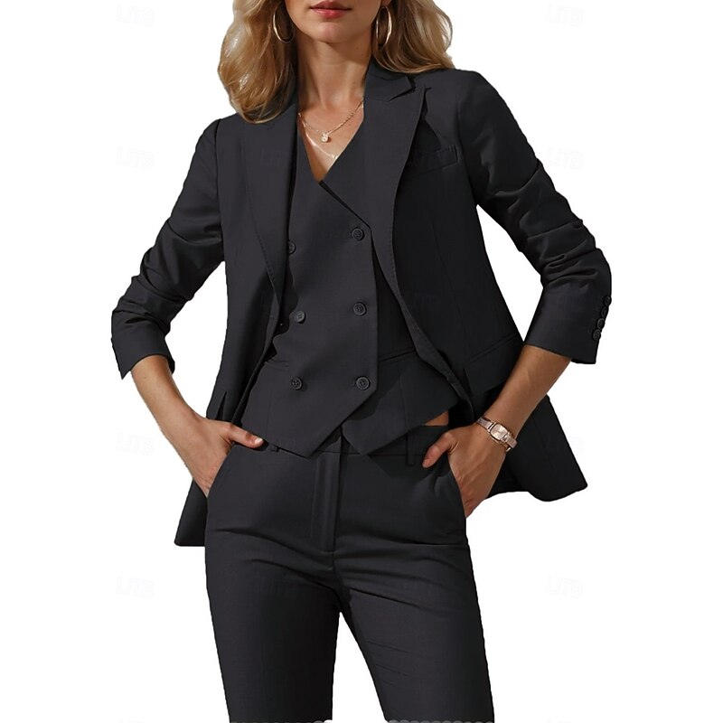 Women's 3 Pieces Suits Formal Wedding Guest Stretch Crepe Elegant Simple Minimalist 3/4 Sleeve Pleated Floor Length Peak Lapel Single Breasted3