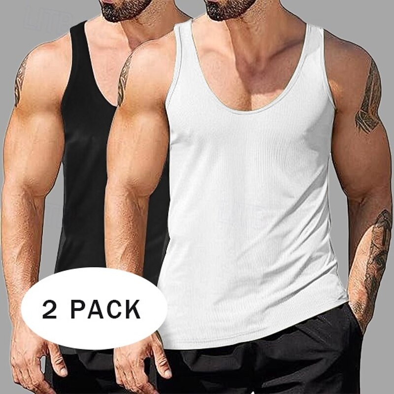 2PCs Men's Tank Top Undershirt Sleeveless Shirt Wife beater Shirt Sleeveless Deep U Scoop Neck Scoop Neck Summer Solid Color Plain Pit Strip Fashion Designer Sporty Ribbed Plain Casual Tank top