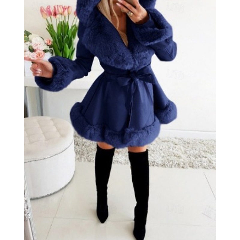 Women's Coat Warm Comfortable Fur Collar Fashion Outdoor Plain Outdoor Vacation Long Hooded Regular Fit Long Sleeve Outerwear Black Beige Fall Winter4