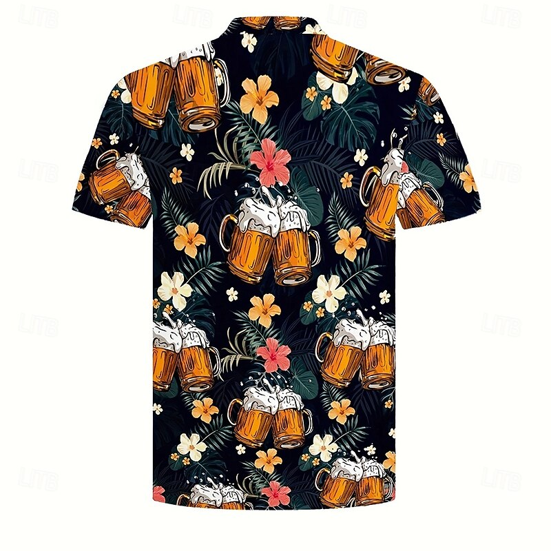 Men's Oktoberfest Beer Tropical Flowers Shirt Cuban Collar Shirt Button Up Shirt Short Sleeve Hawaiian Vacation Holiday Beach Wear Summer Spring Camp Collar Shirt 3D Print Dark Blue2