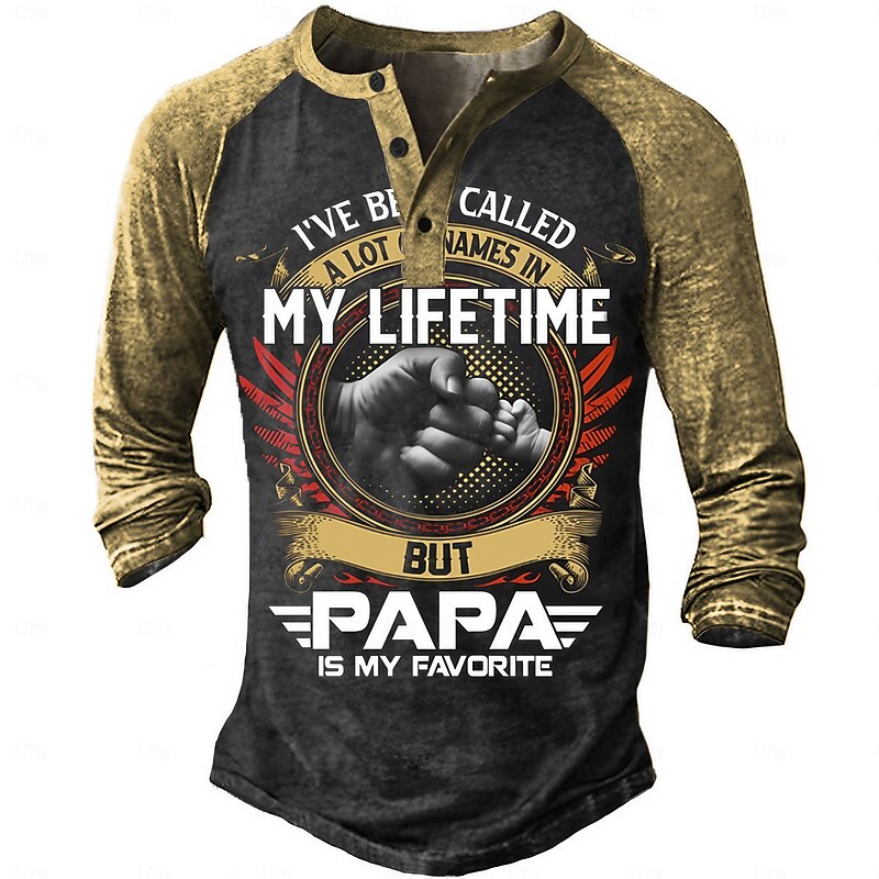 Men's Long Sleeve Henley Graphic Tee, 'PAPA Is My Favorite Name' Quote, Family Relationship Father's Day Gift