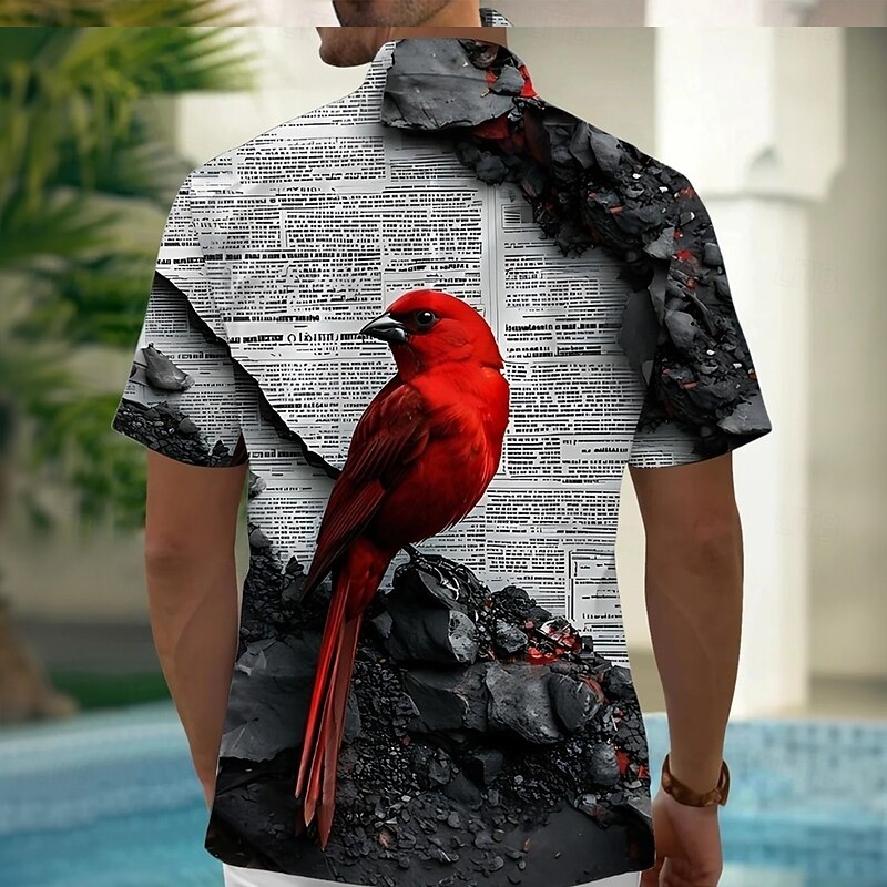 Men's Bird Red Cardinal Shirt Summer Shirt Button Up Shirt Short Sleeve Vintage Retro Outdoor Vacation Summer Spring Turndown 3D Print Collared Shirts Front One Pocket Black2