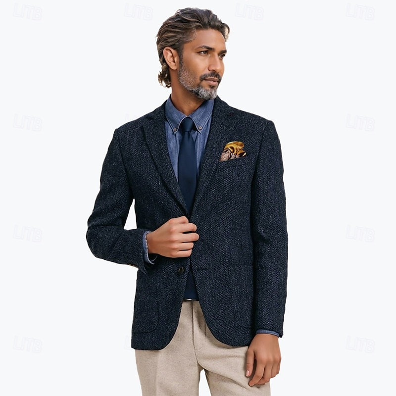 Men's Tweed Blazer Herringbone Blazer Jacket Dark Blue Wool Retro Vintage Classic Standard Fit Single Breasted Two-buttons2