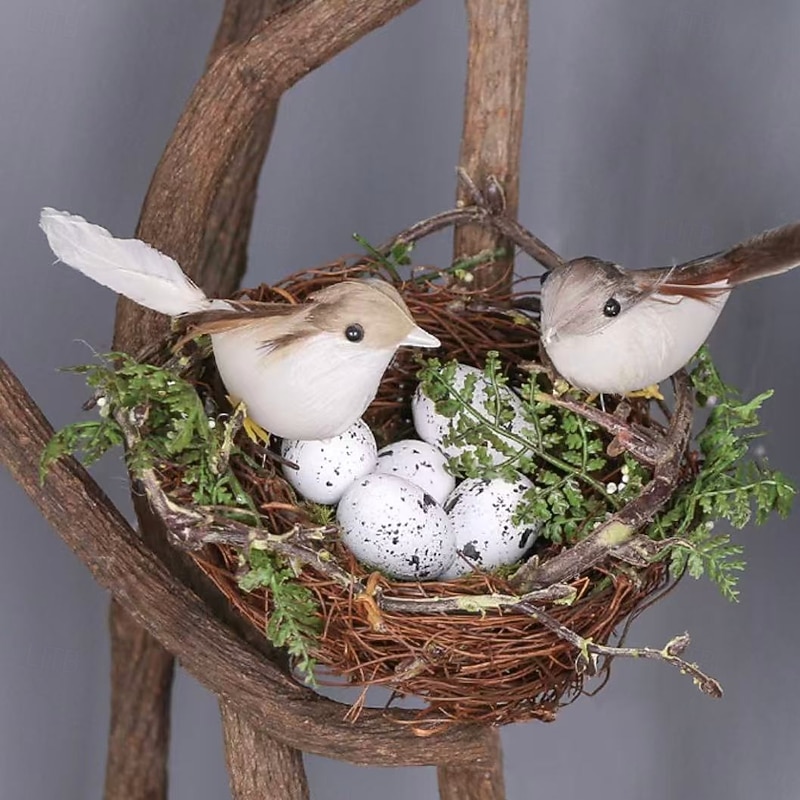 Handmade Wicker Bird Nest with Birds and Eggs, Rattan Birdhouse Decoration for Wedding Display, Forest Style Photo Prop for Table Centerpiece or Home Decor