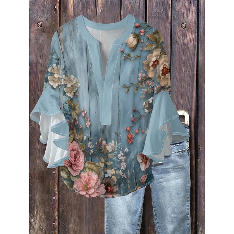 Women's Blouse Floral Stylish Modern 3/4 Length Sleeve V Neck Regular Tops Daily Holiday Ruffle Print Blue Lavender Purple Green Summer
